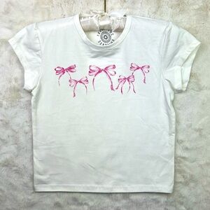 Trust The Universe Pink Bow teen  t-shirt white stretch cup sleeves Sz.S new 🆕